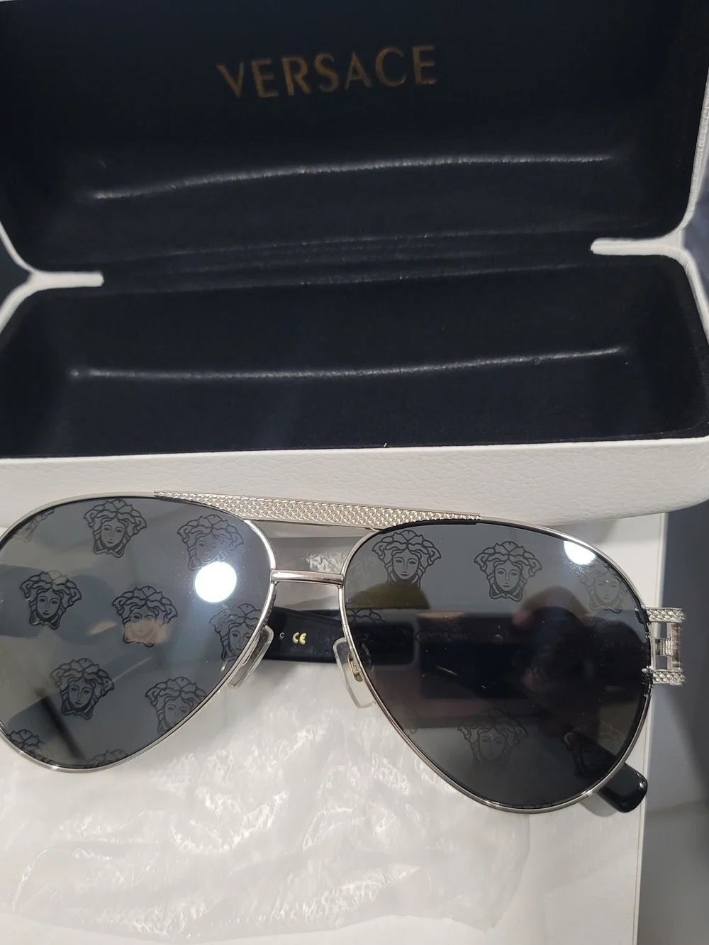 Versace Silver Aviator Sunglasses with Dark Gray Lenses
